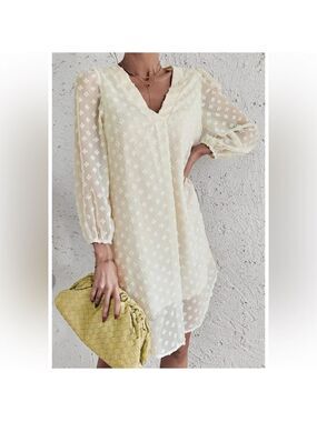A Girl Thing Cream Swiss Dot V-Neck Long Sleeve Dress